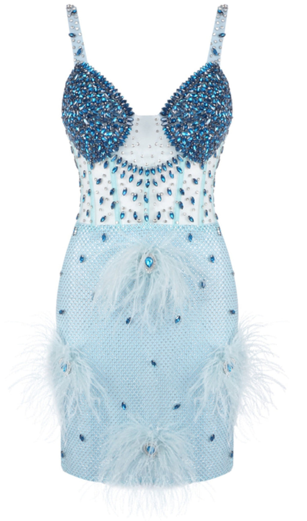 CRYSTAL BUSTIER FEATHER DETAIL MINI DRESS BLUE