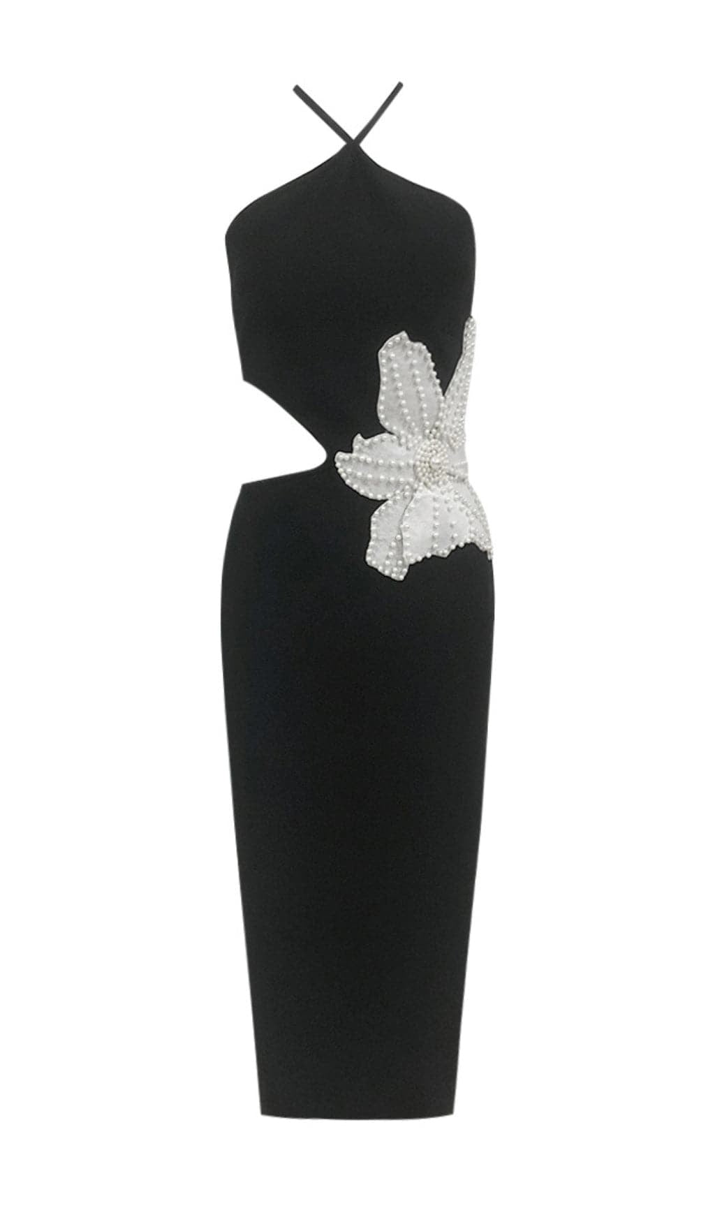 ATHENA FLORAL APPLIQUÉ CUTOUT HALTER MIDI DRESS IN BLACK