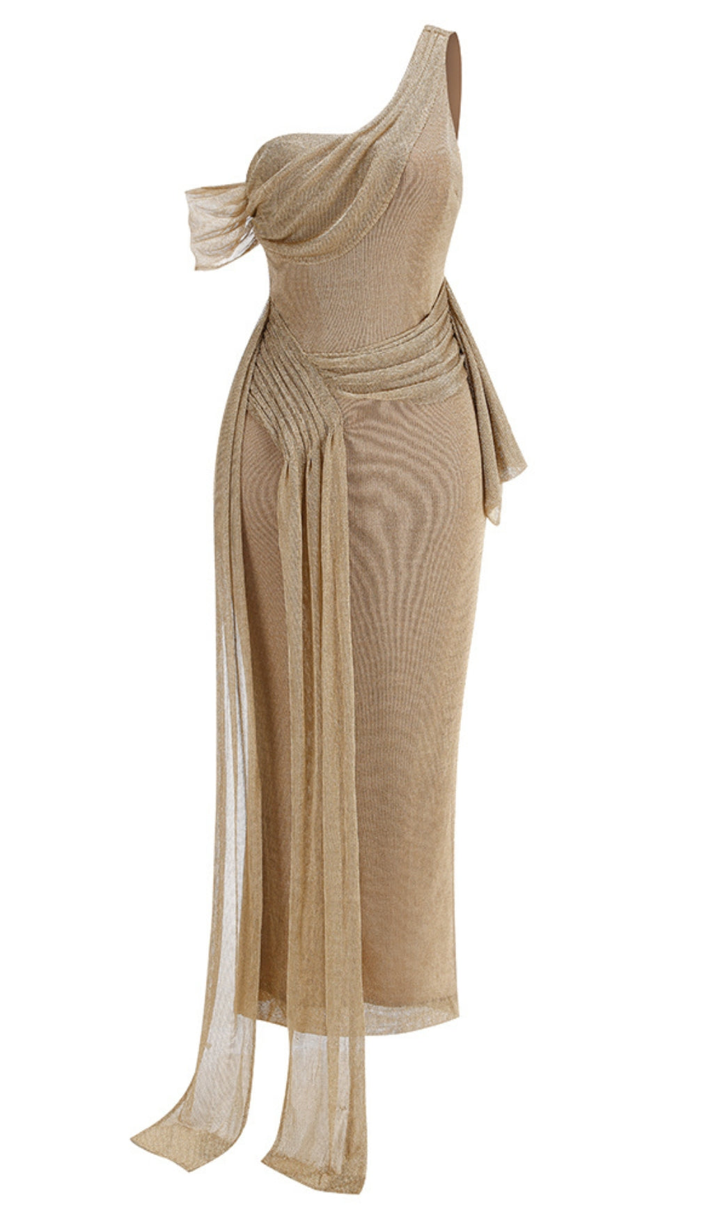 ONE SHOULDER DRAPED METALLIC GOWN