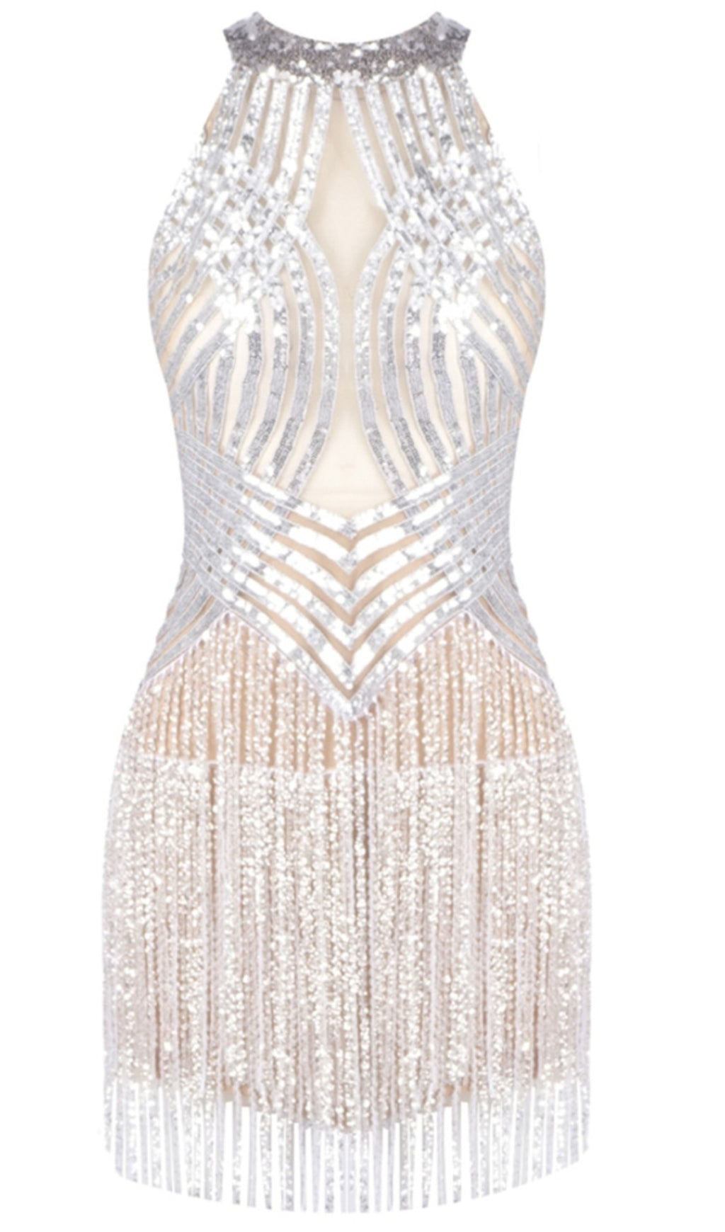 HALTER SEQUIN TASSEL BACKLESS DRESS SILVER