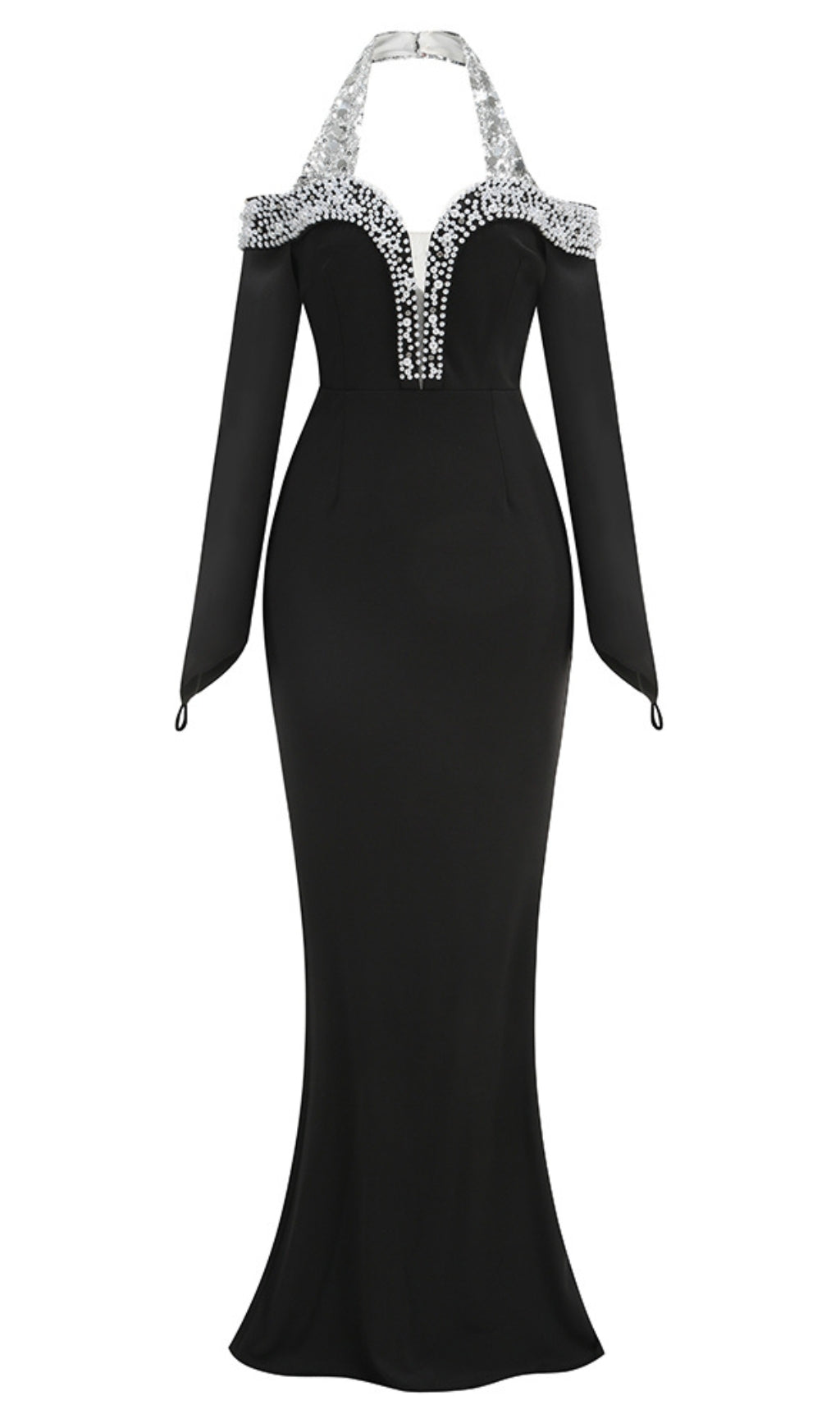 HALTER PEARL CRYSTAL-TRIM MAXI DRESS