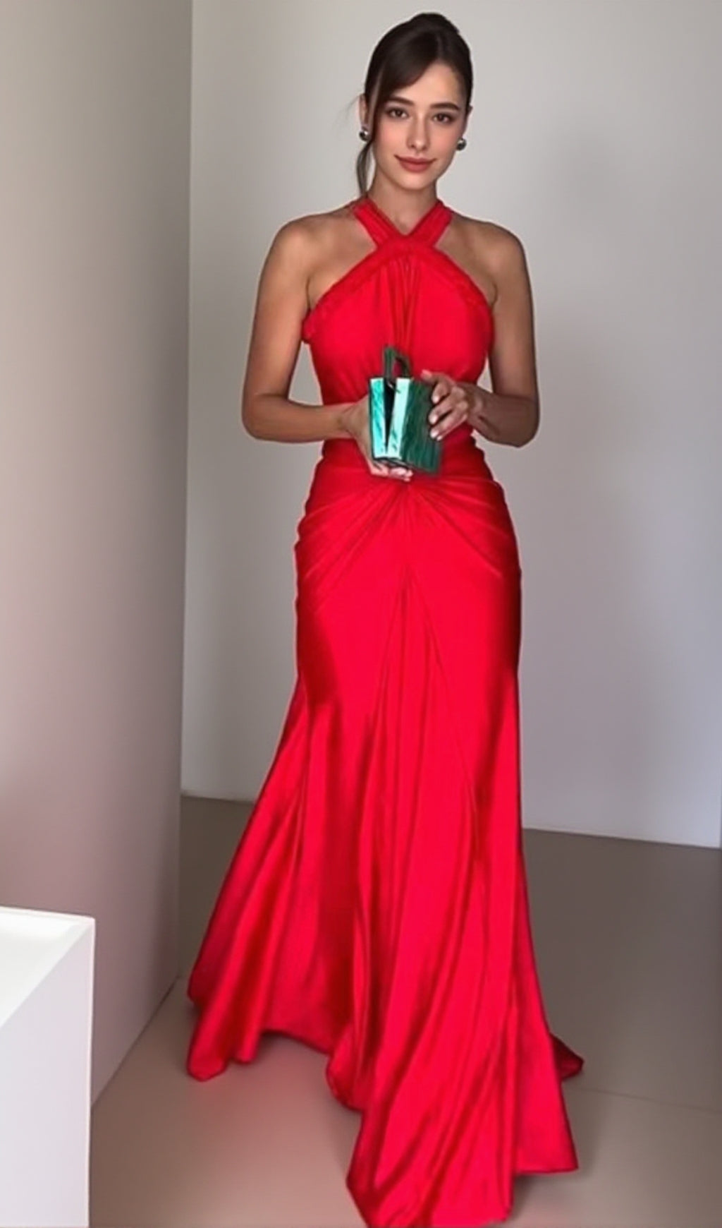 HALTER BRAIDED DRAPED MAXI DRESS RED