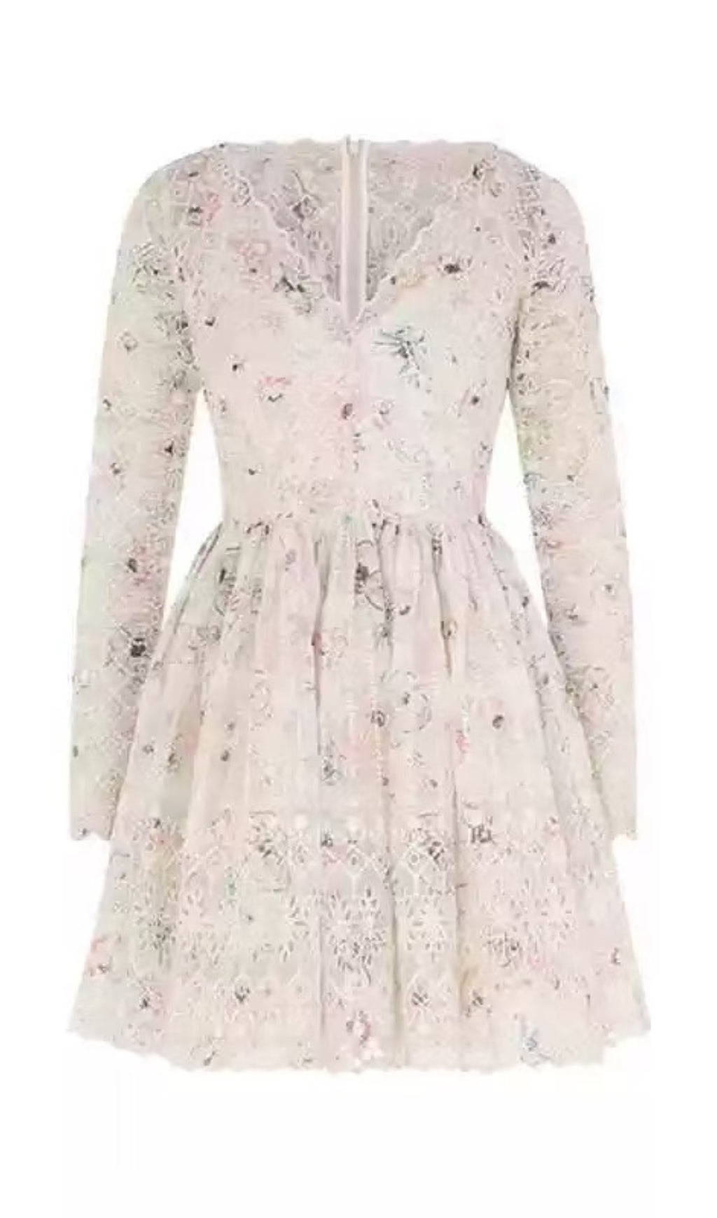 LACE DETAIL LONG SLEEVE V NECK MINI DRESS