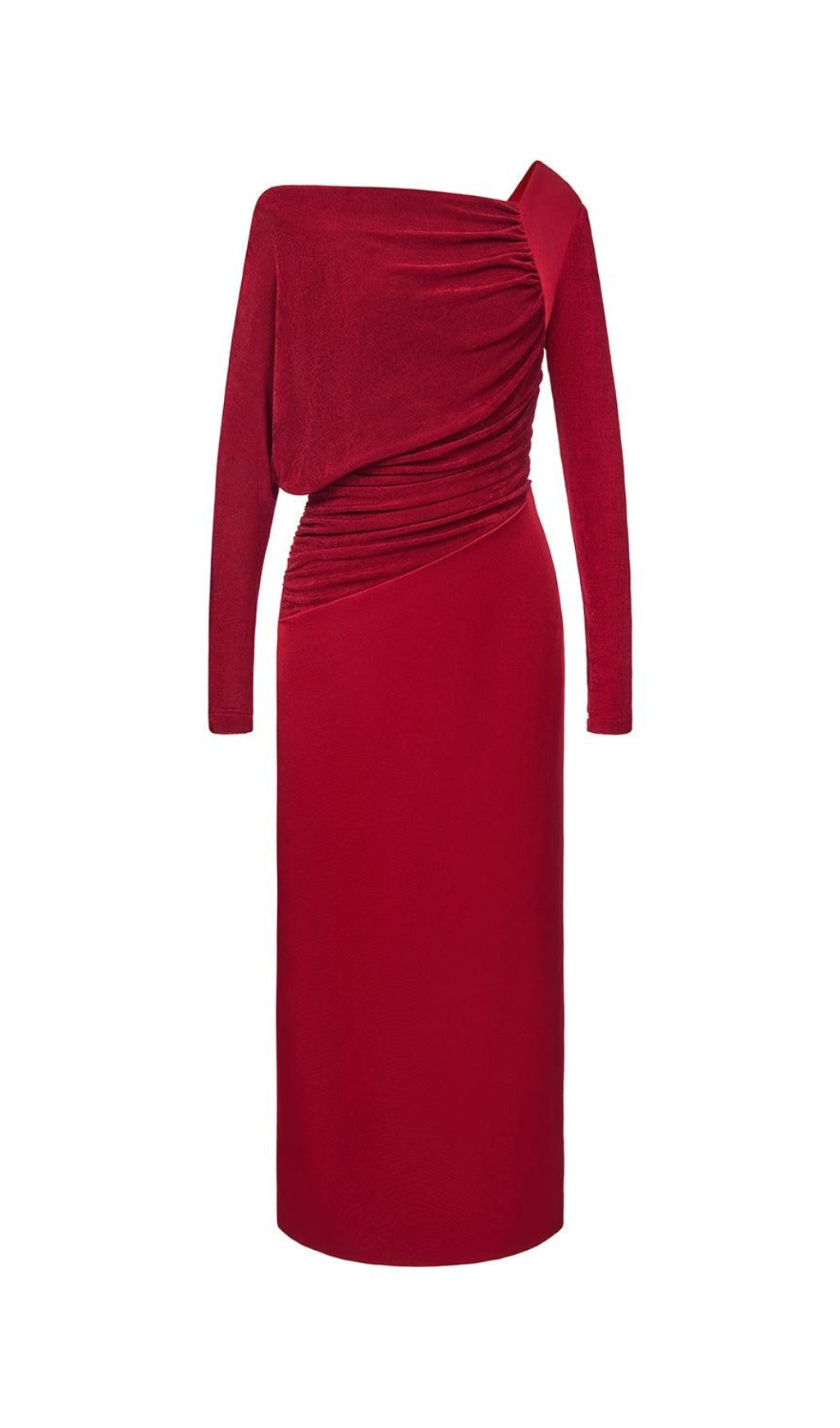 MIRABEL A-LINE BACK SLIT TAFFETA MIDI DRESS IN RED