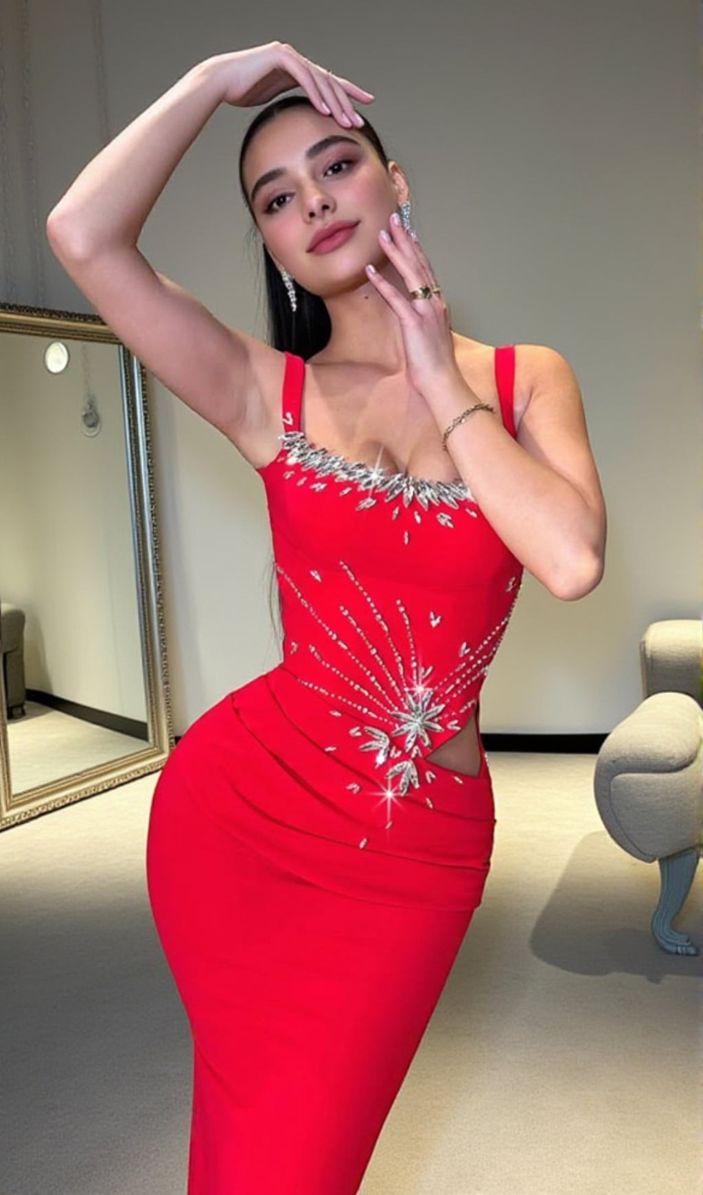 CRYSTAL DRAPED MAXI DRESS RED