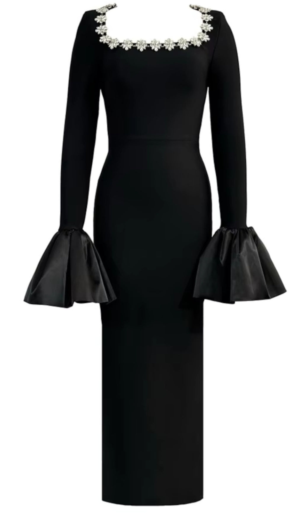 LONG SLEEVE CRYSTAL NECKLINE MAXI DRESS BLACK