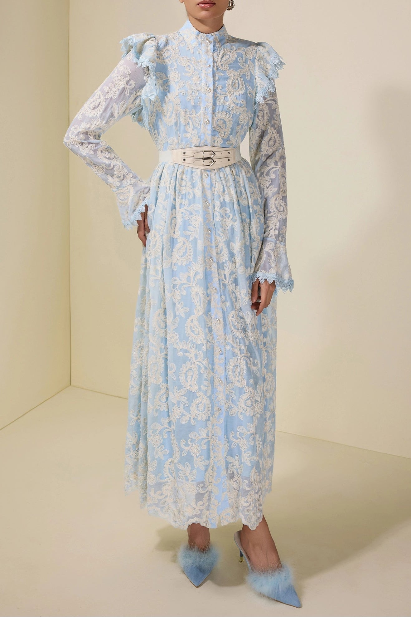 Alma Chiffon Embroidered Single Breasted Midi Dress with Belt - Blue
