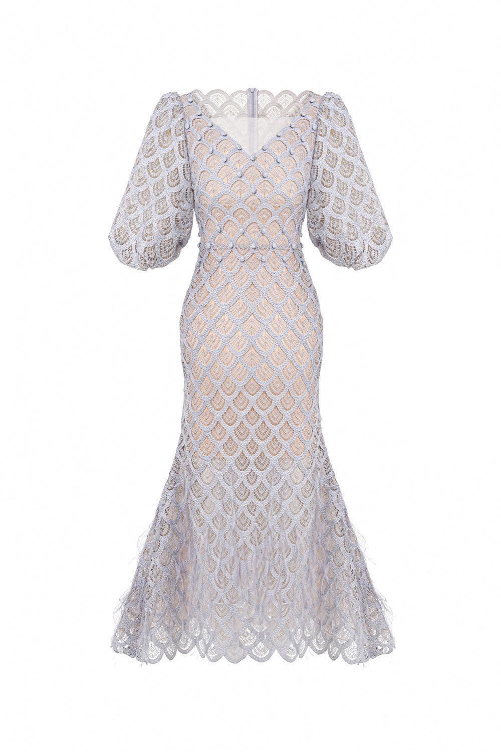 CIARA TRUMPET BISHOP SLEEVED LACE MIDI DRESS