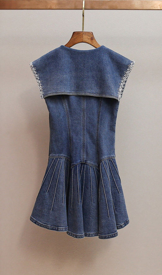 AIIZIE HAVIKA WOMEN'S EMBELLISHED SAILOR COLLAR DENIM MINI DRESS WITH PLEATED SKIRT - product image