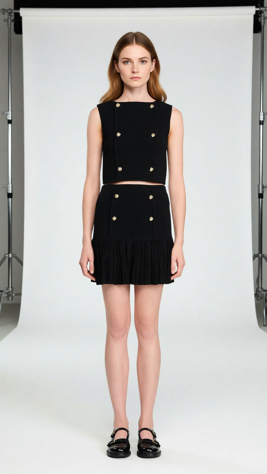 Chic Black Double-Breasted Crop Top with Gold Buttons