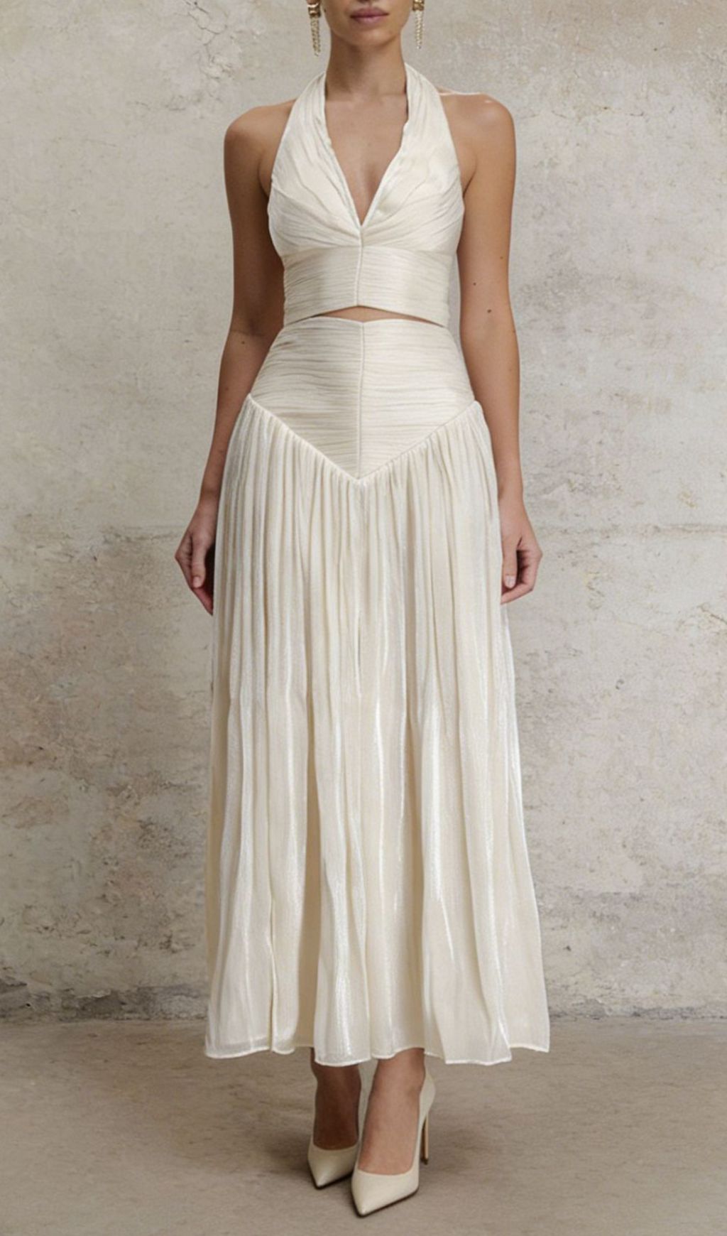 AIIZIE Jania Chic Halter Crop Top & Pleated Maxi Skirt Set | Elegant Two-Piece - product image
