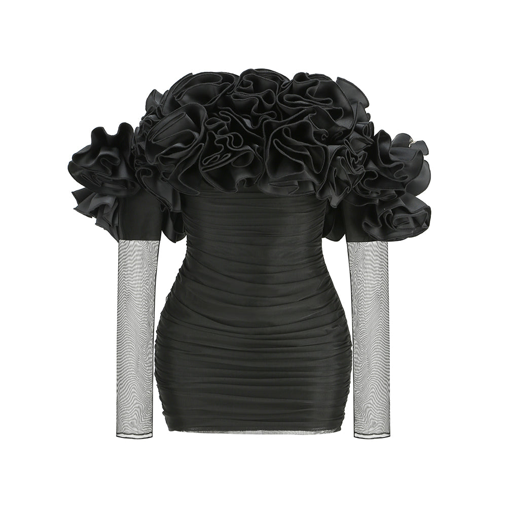 AMITY LANGÄRMELIGES BARDOT-KLEID AUS TÜLL MIT BLUMENMUSTER IN SCHWARZ