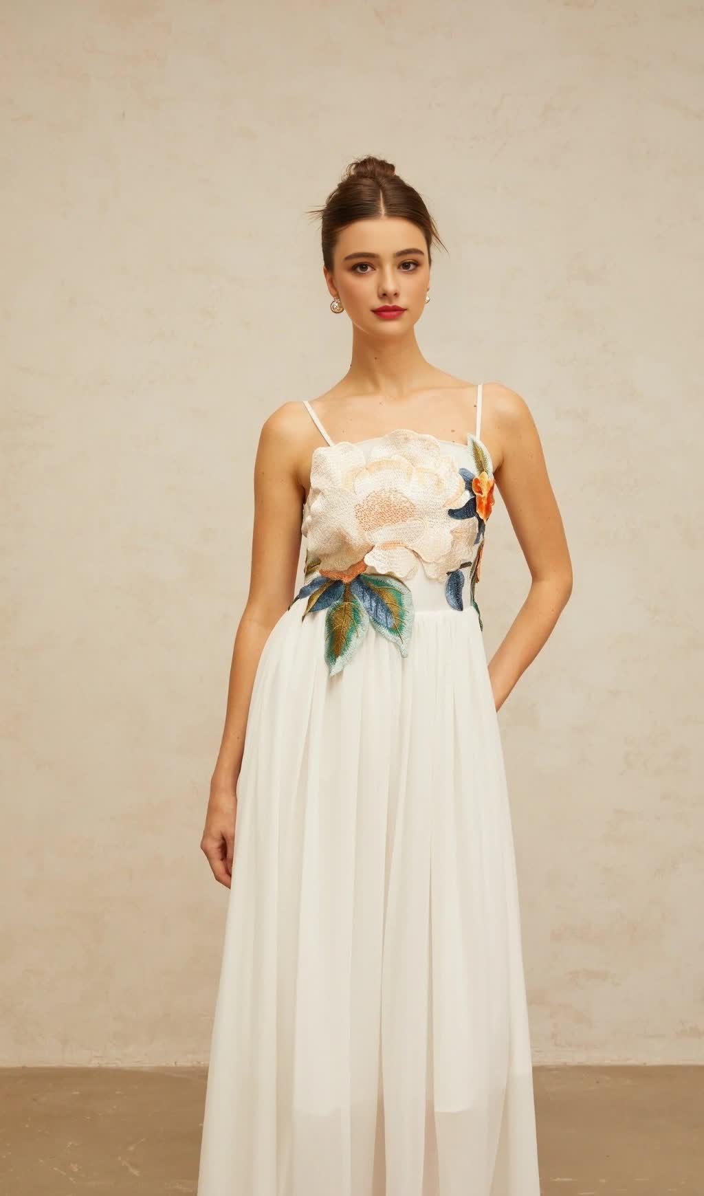 ABITO LUNGO CON APPLICAZIONI FLOREALI DI CAMELIA JOANN IN BIANCO