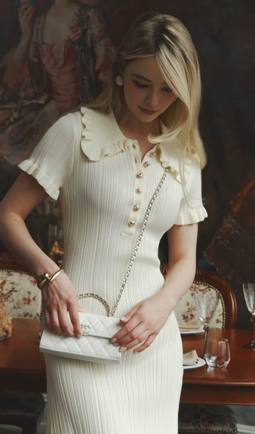 WHITE RUFFLED KNITTED MINI DRESS