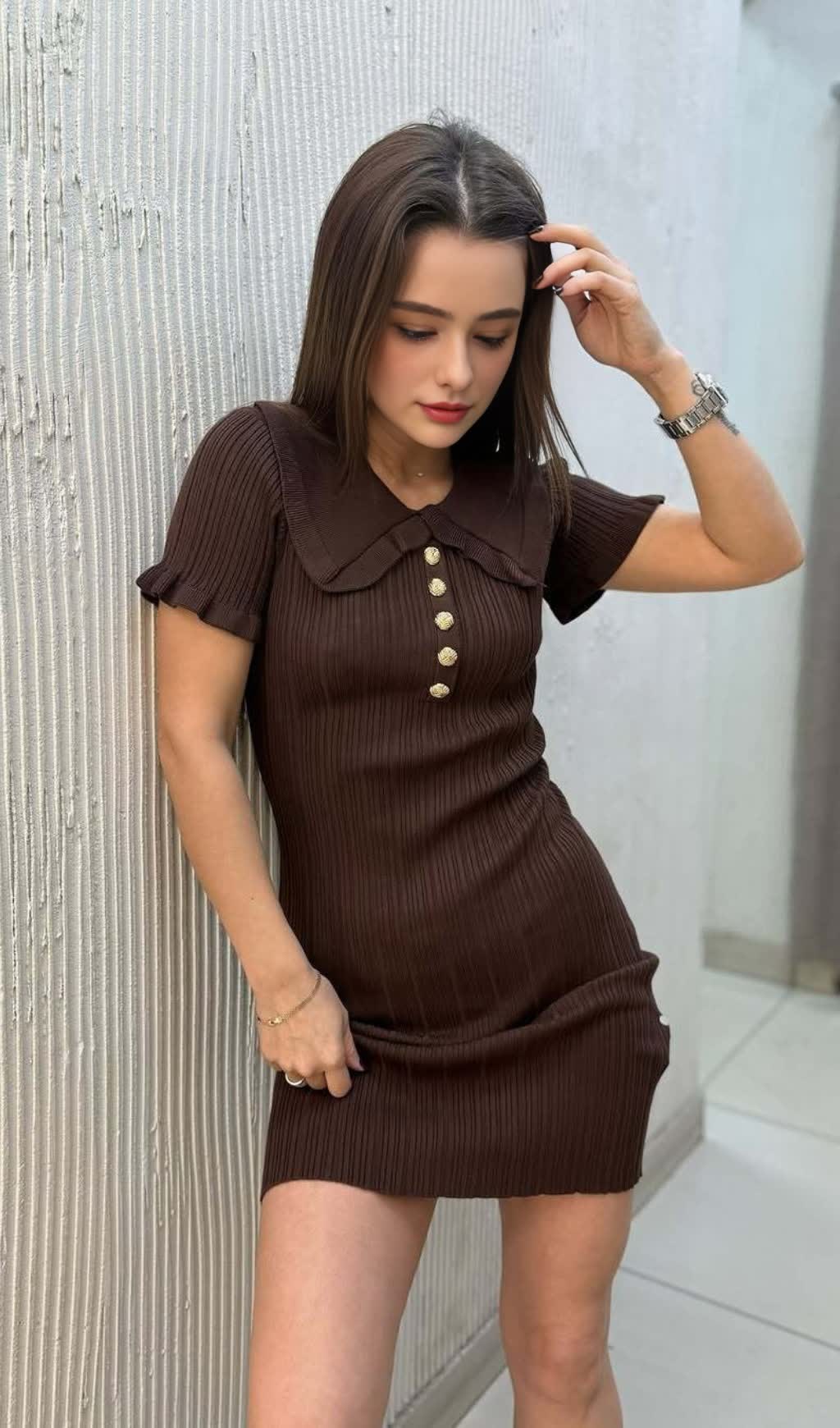 COFFEE RUFFLED KNITTED MINI DRESS