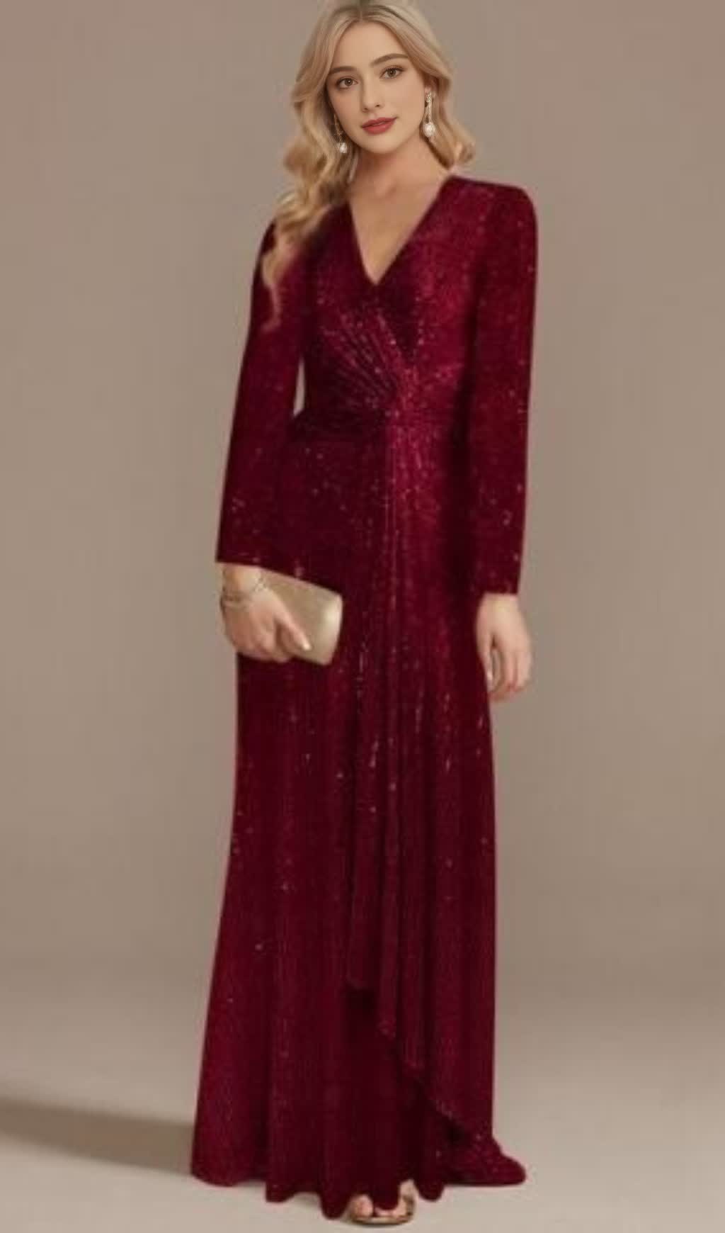 ABITO LUNGO ROSSO VINO CON PAILLETTES, MANICHE LUNGHE E SCOLLO A V