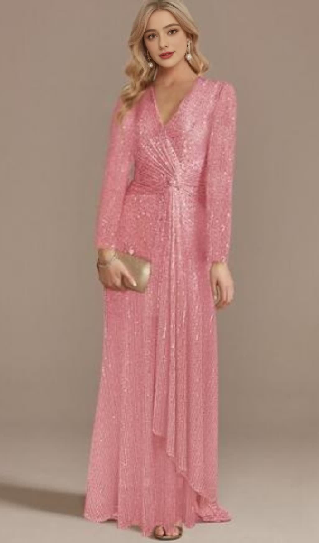 ABITO LUNGO CON SCOLLO A V E MANICHE LUNGHE CON PAILLETTES ROSA