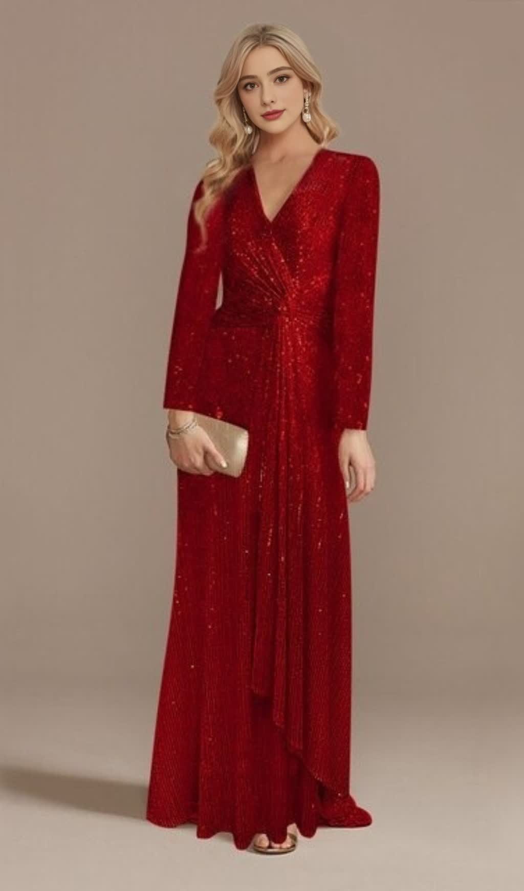 ABITO LUNGO CON SCOLLO A V E MANICHE LUNGHE CON PAILLETTES ROSSE