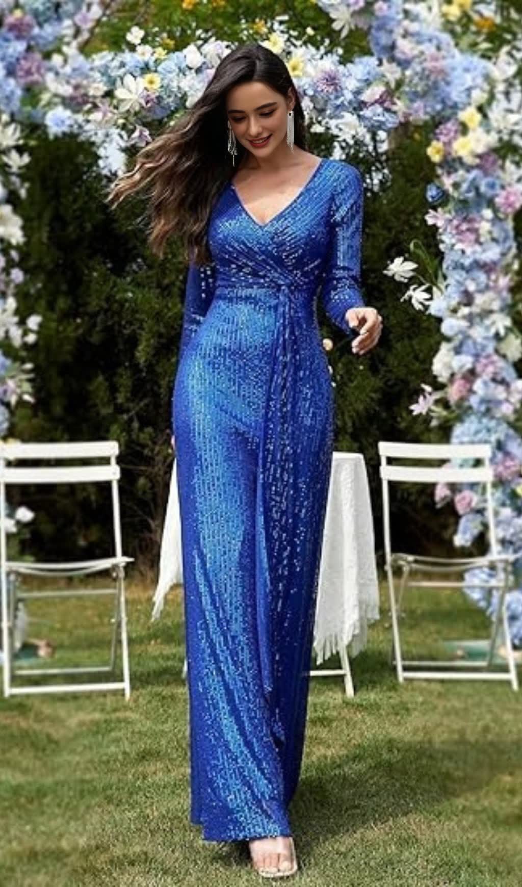 ABITO LUNGO A MANICHE LUNGHE CON PAILLETTES BLU E SCOLLO A V