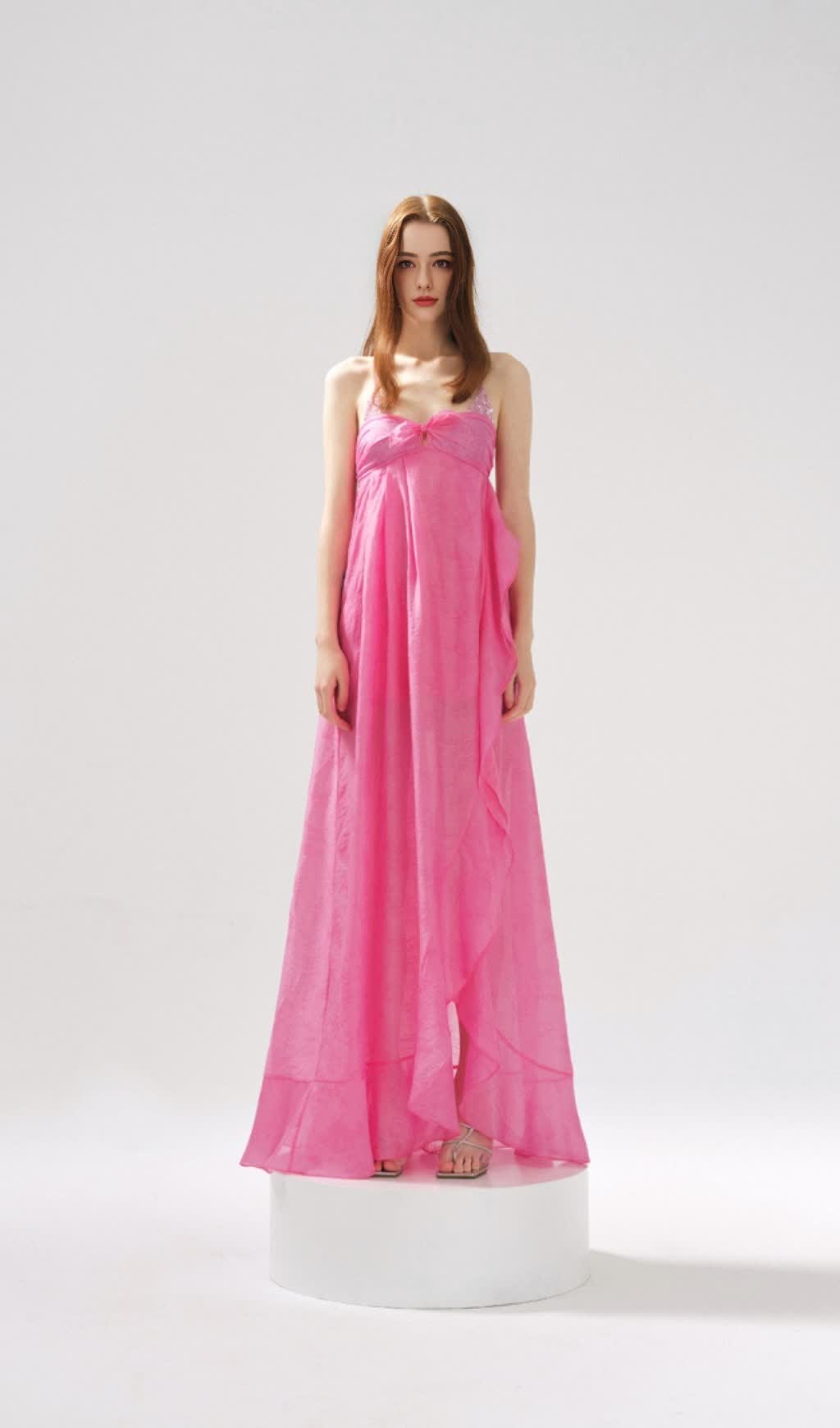 ABITO SARTORIA ASIMMETRICO CON VOLANT IN PATCHWORK JACQUARD ROSE