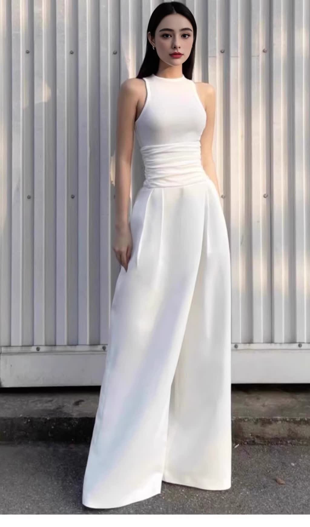 WESTE MIT HOHER TAILLE UND WEITEM BEIN, LANGER ROCK, ANZUG IN WEISS