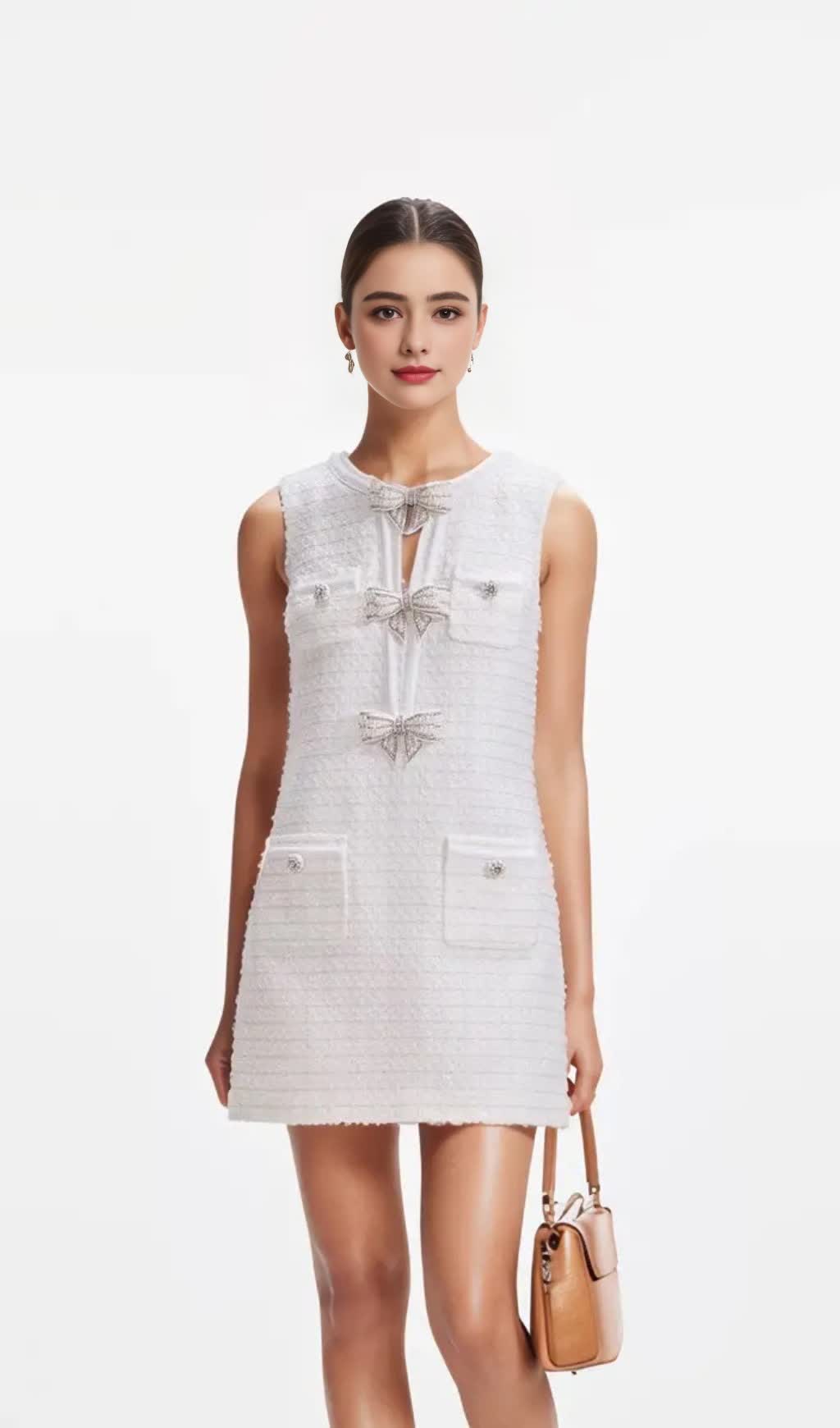 CREAM BOUCLE BOW MINI DRESS