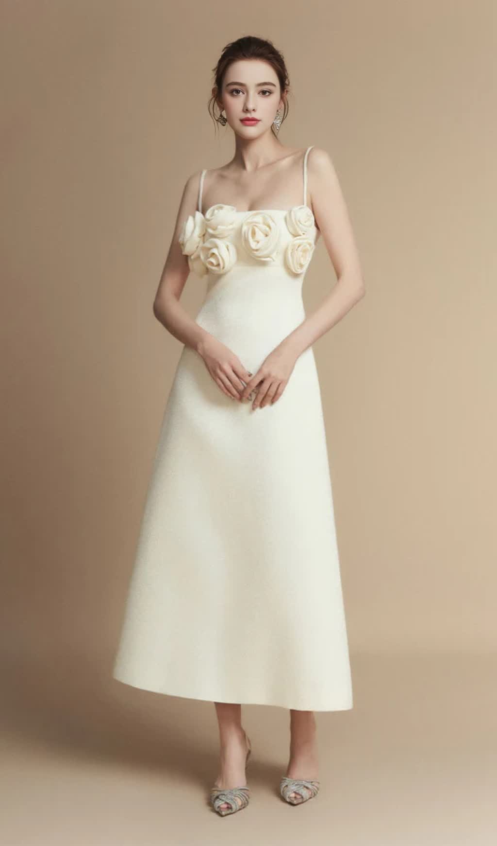 A-Linien-Midikleid aus Leinen-Viskose mit Blumenapplikation