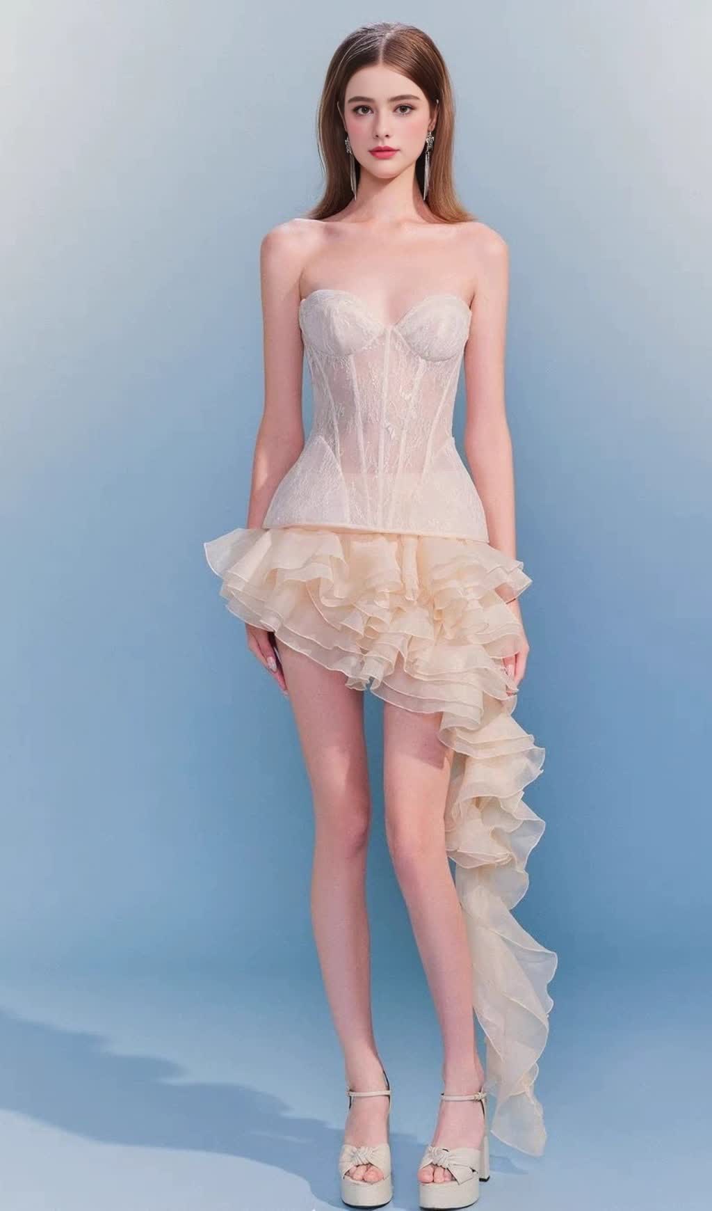 IRREGULAR PETAL LACE BODYCON MINI SKIRT SET IN BEIGE