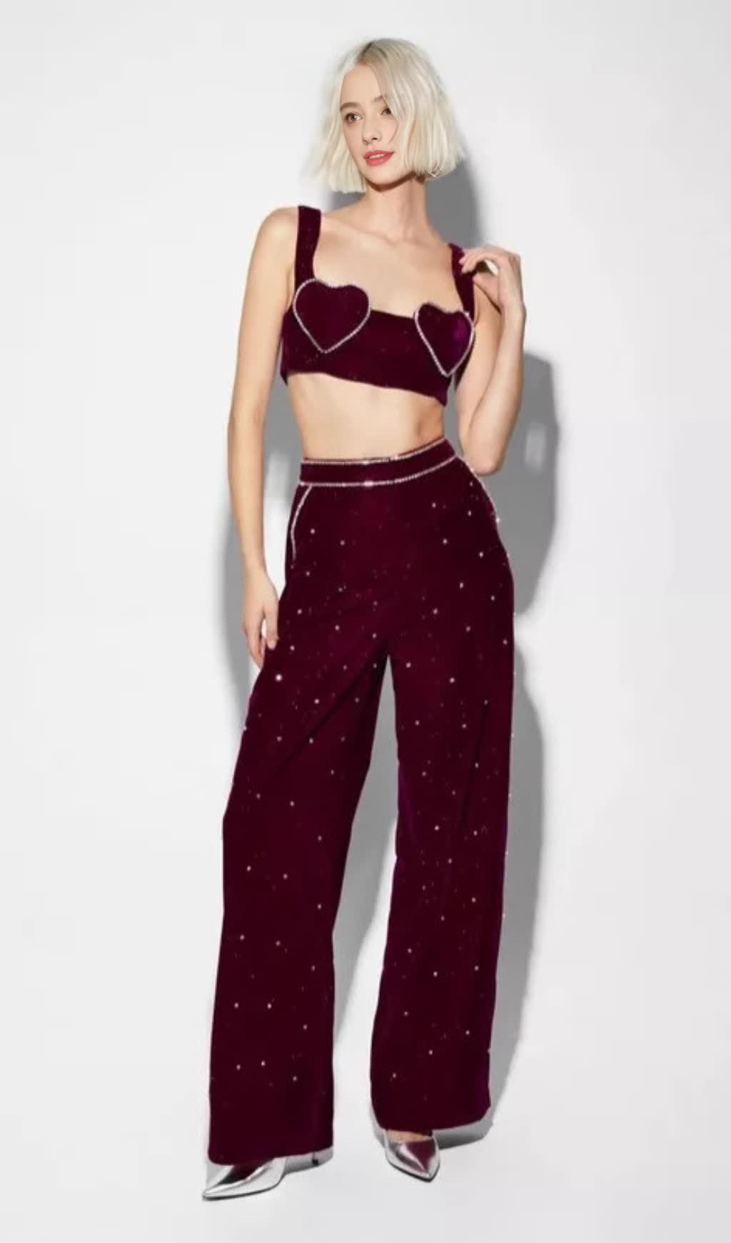 Burgunderrot LOVE - Shaped Bandage Crop Top High - Wide Waisted - Leg Pants Set