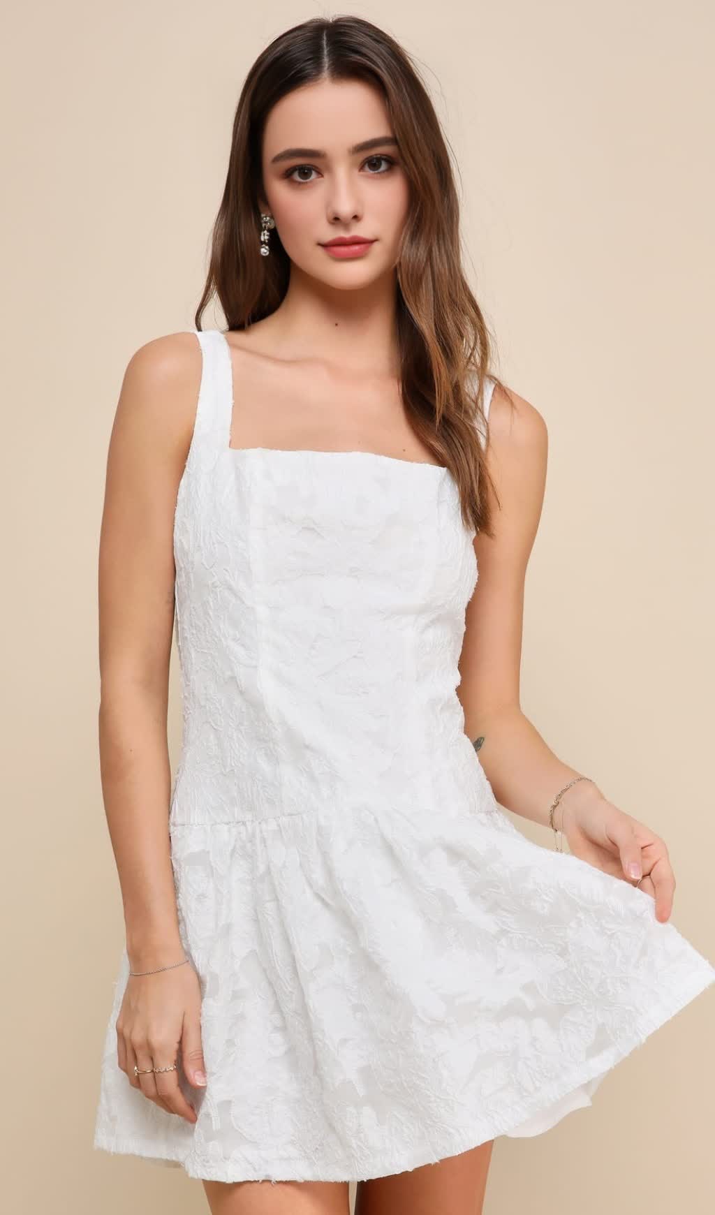 EXUBERANT ELEGANCE WHITE JACQUARD DROP WAIST MINI DRESS