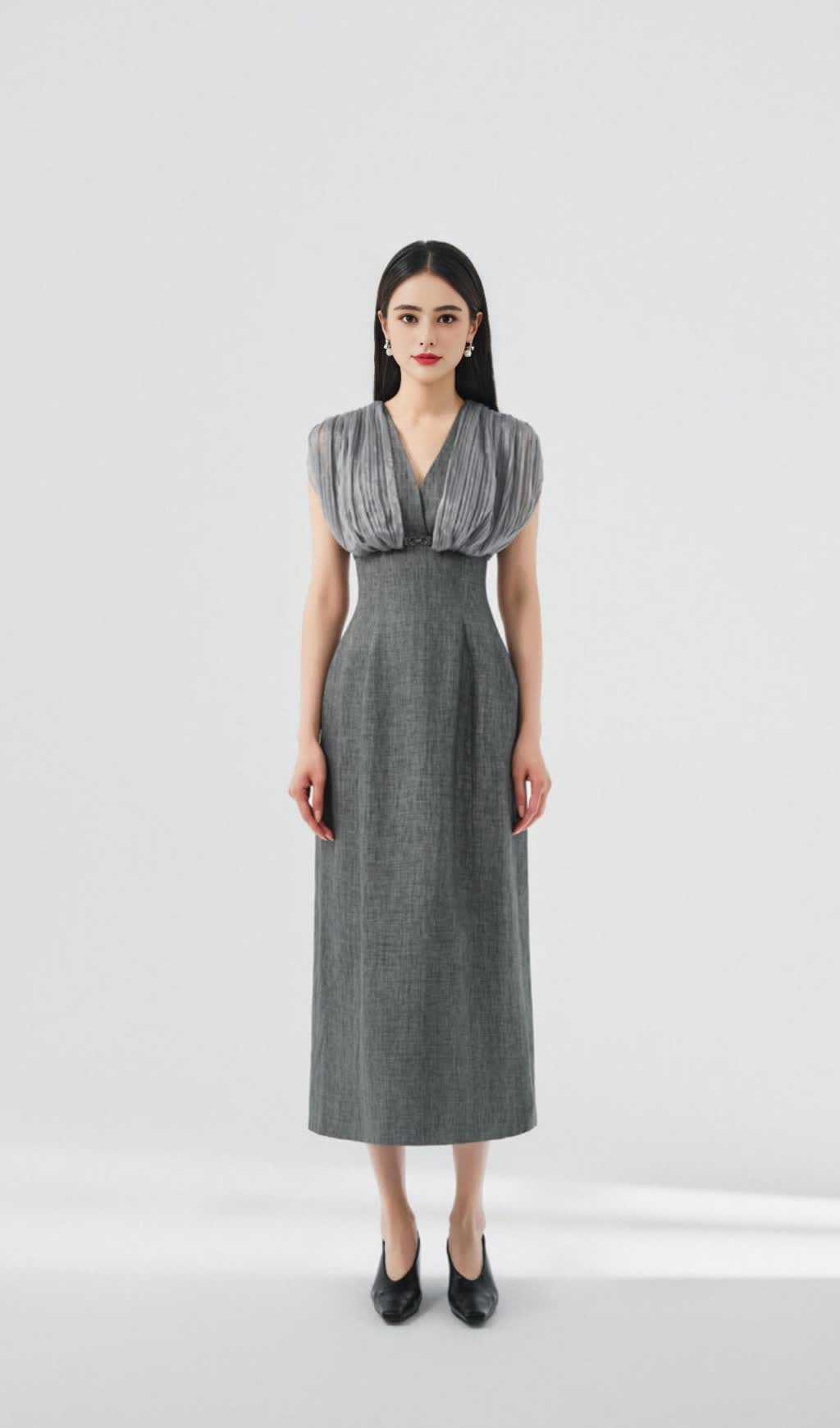 MESH STITCHING SLEEVELESS MIDI DRESS IN GREY