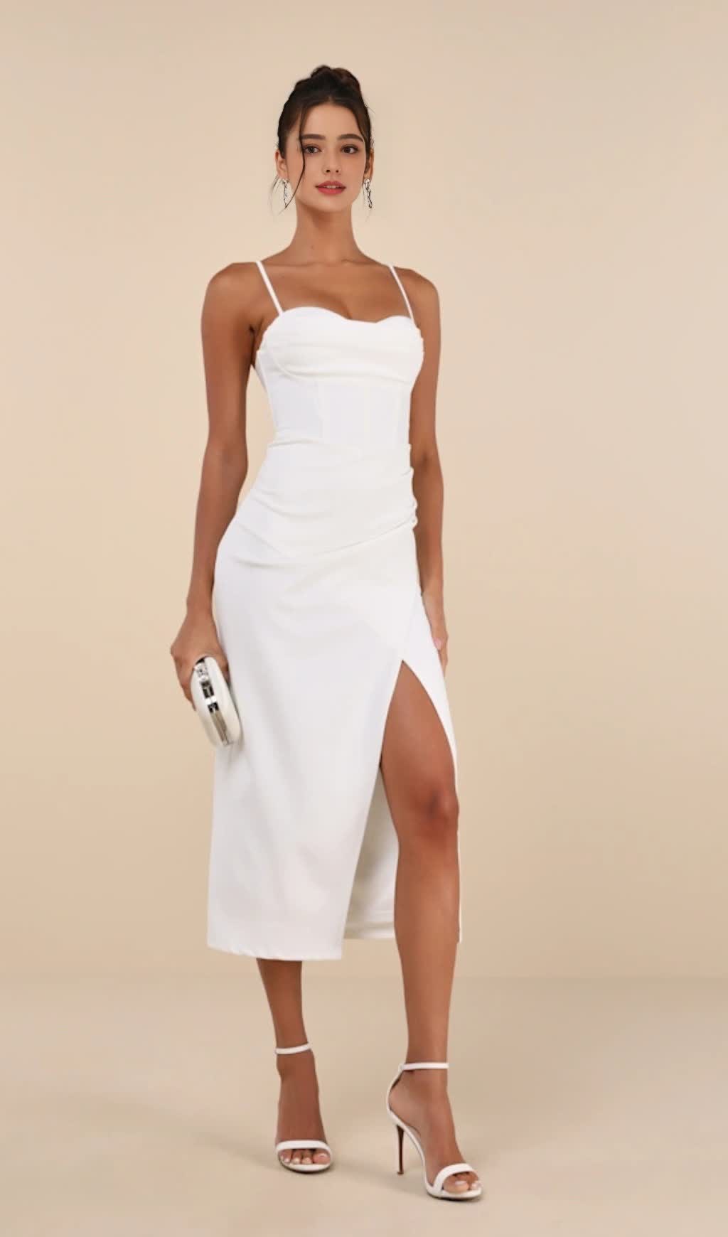 WHITE BUSTIER TULIP MIDI DRESS