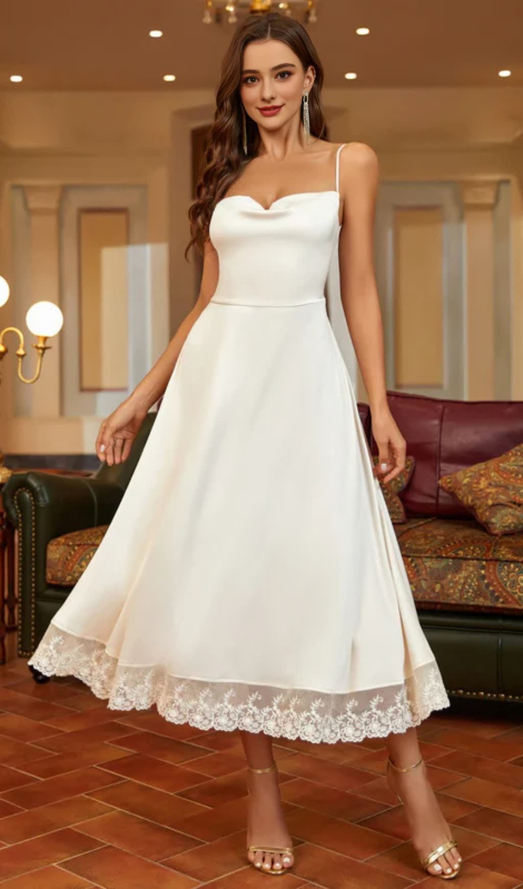 SATIN LACE PANELLED SUSPENDER MIDI DRESS IN WHITE