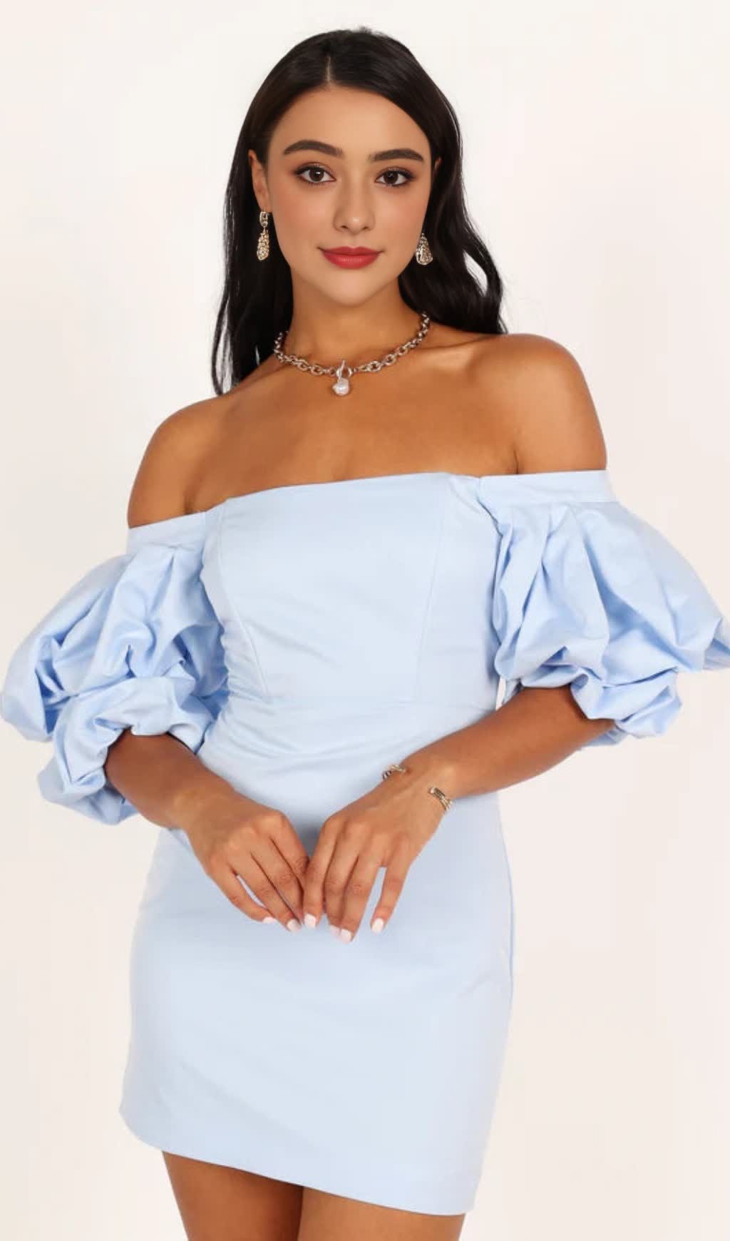 FERN PUFF SLEEVE MINI DRESS - ICY BLUE