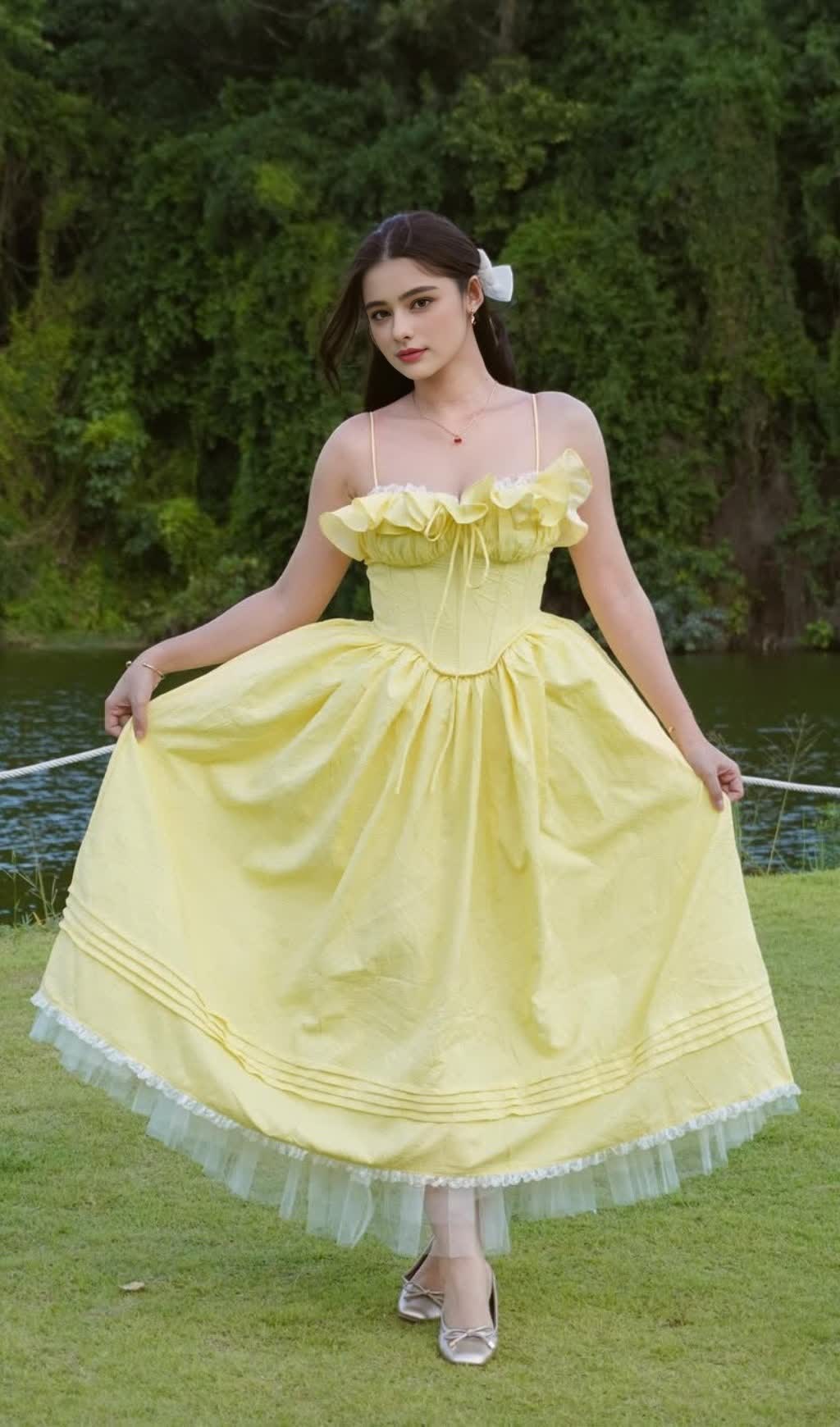 Puffiges Maxikleid mit Rüschenkorsett in Gelb