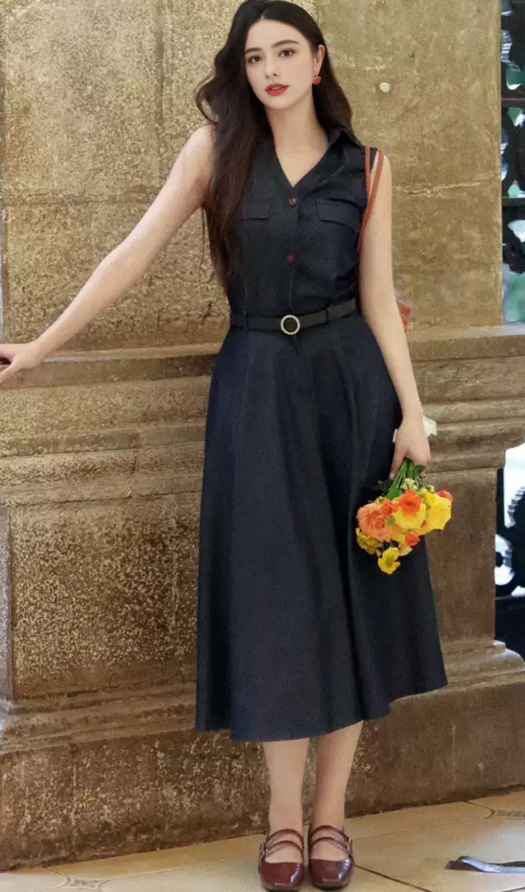 NAVY SLEEVELESS SHIRT MIDI DRESS