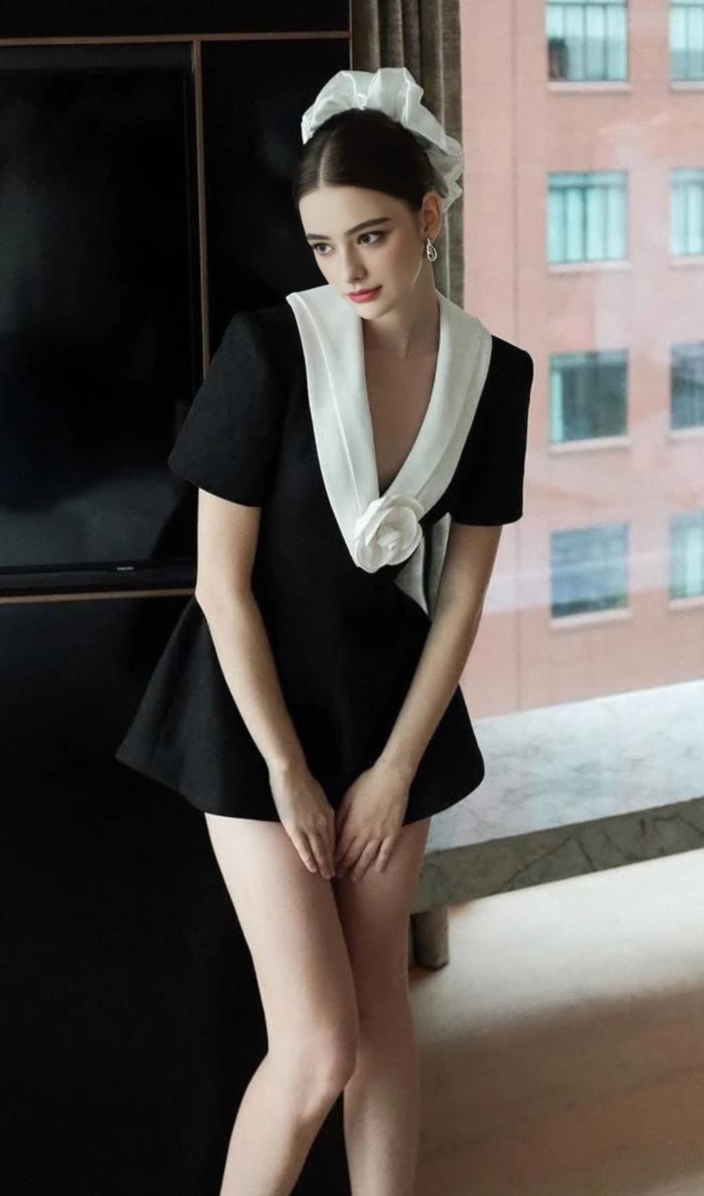 Jumpsuit mit V-Ausschnitt und 3D-Blumen in Schwarz