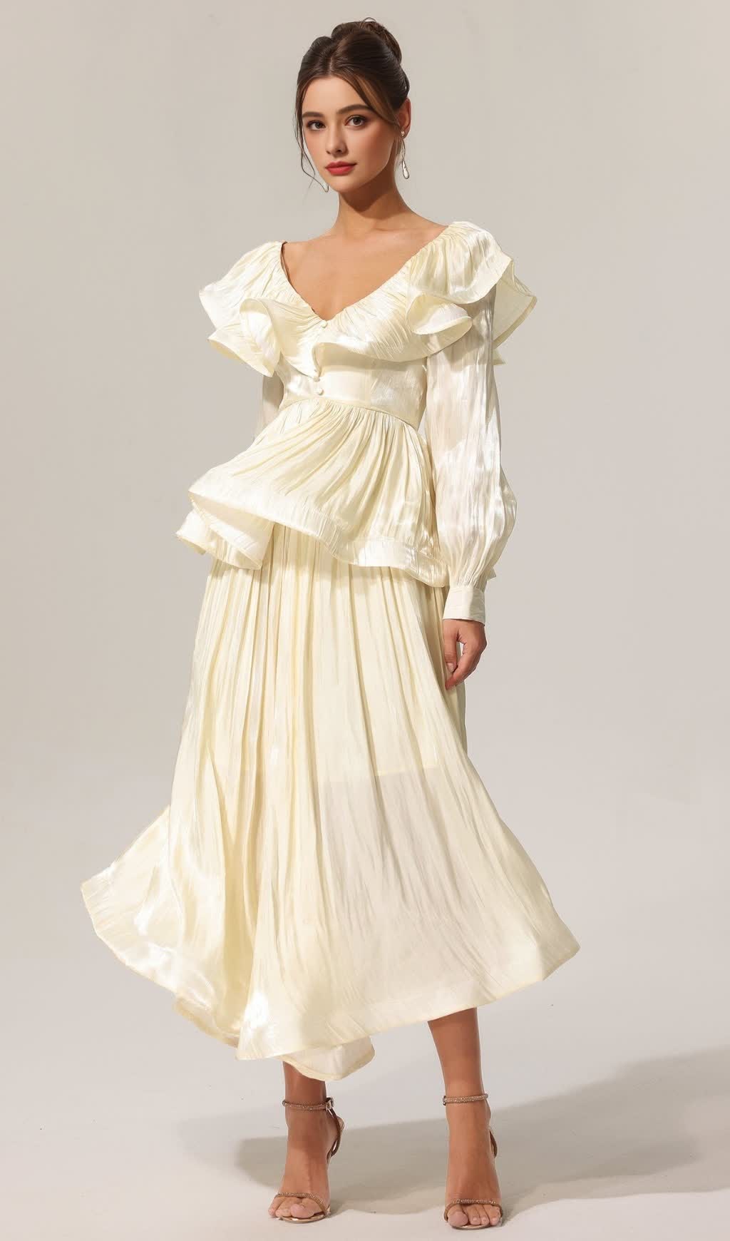 JENNIFER FOLDS V-NECK LONG SLEEVES TOP AND SKIRT TWO-PIECE SET