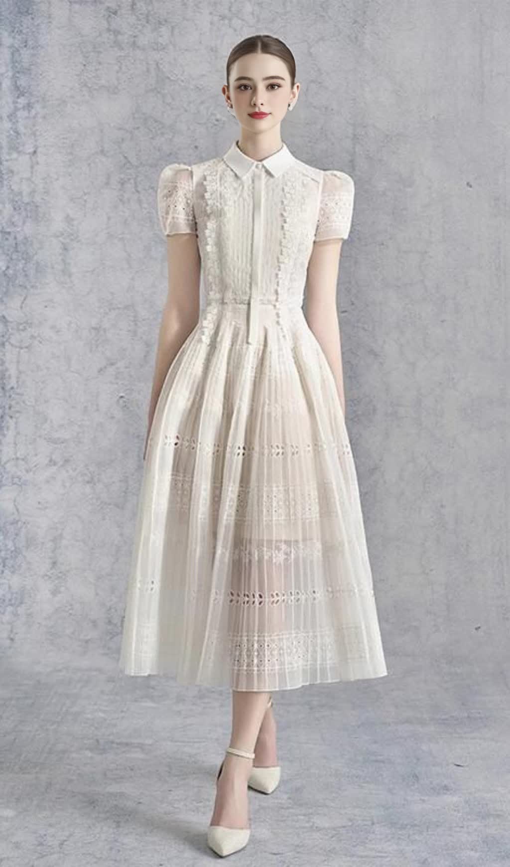 LACE HOLLOW EMBROIDERY MIDI DRESS IN APRICOT