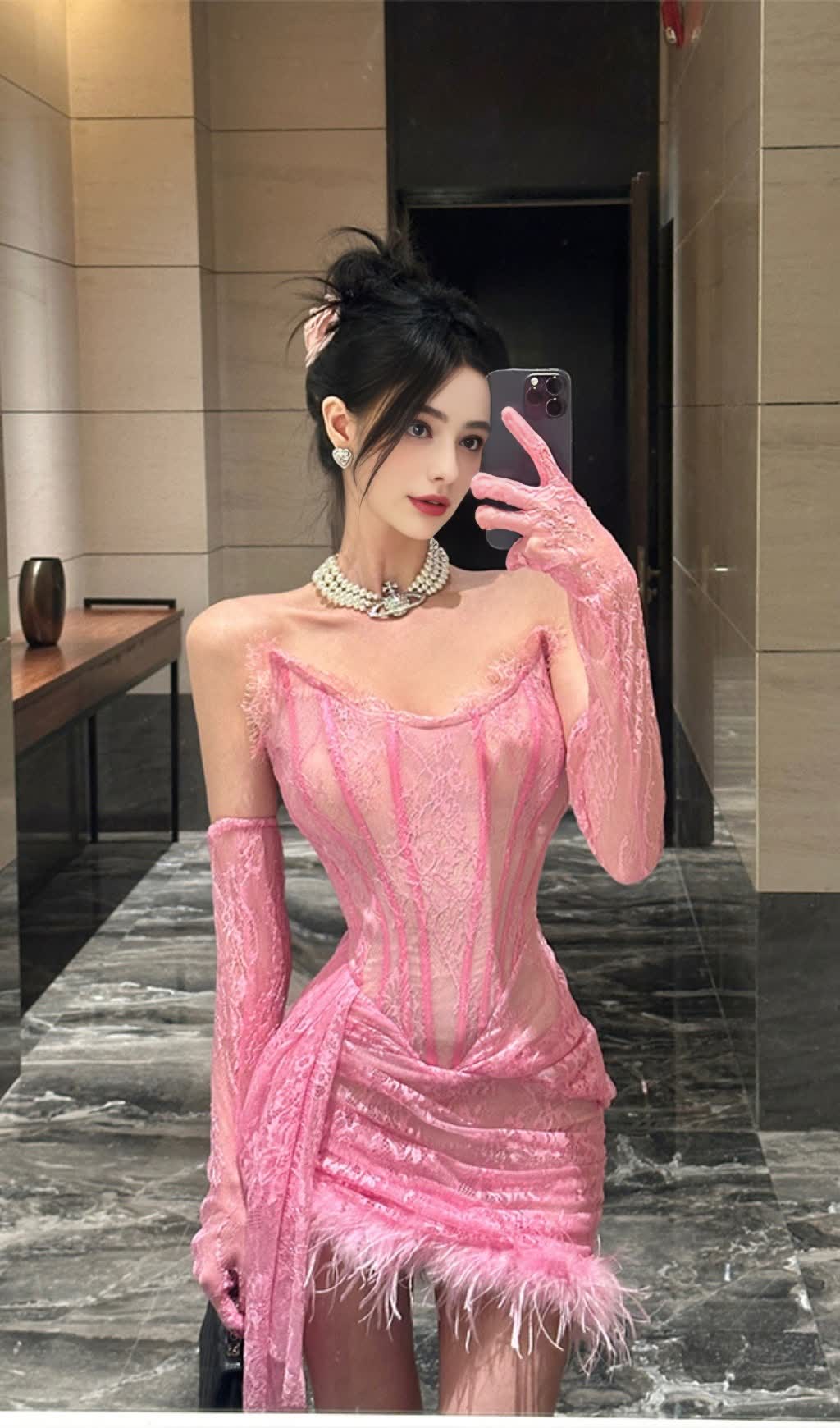 PINK LACE OFF - SHOULDER FEATHER - TRIM HOCO MINI DRESS