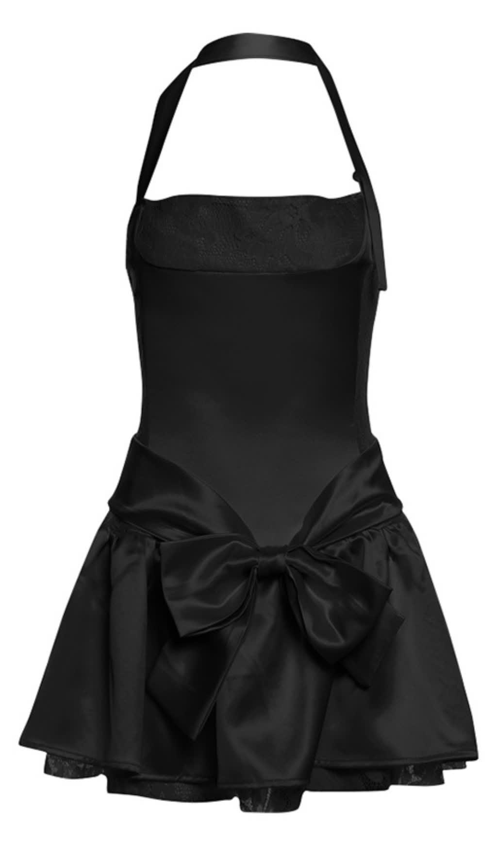 Schwarzes Satin-Neckholder-Schleife - Accent Mini Hoco Kleid