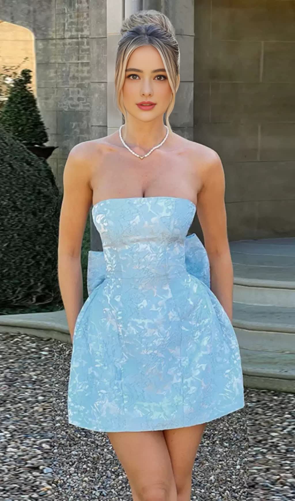BLUE STRAPLESS BOW - BACK BROCADE MINI HOCO DRESS