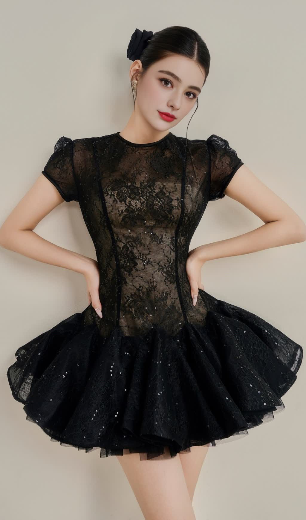 KELLY SEQUIN LACE PUFFY MINI DRESS IN BLACK