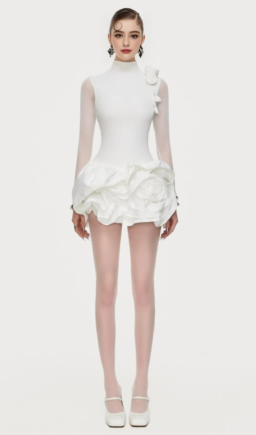 3D FLOWER HEM MESH MINI DRESS IN WHITE