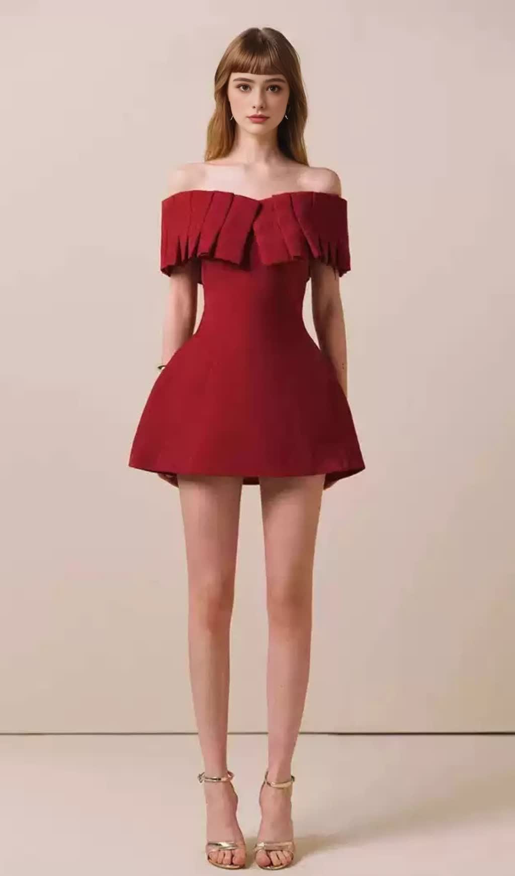 MARCIA OFF-SHOULDER PLEATED MINI DRESS IN RED