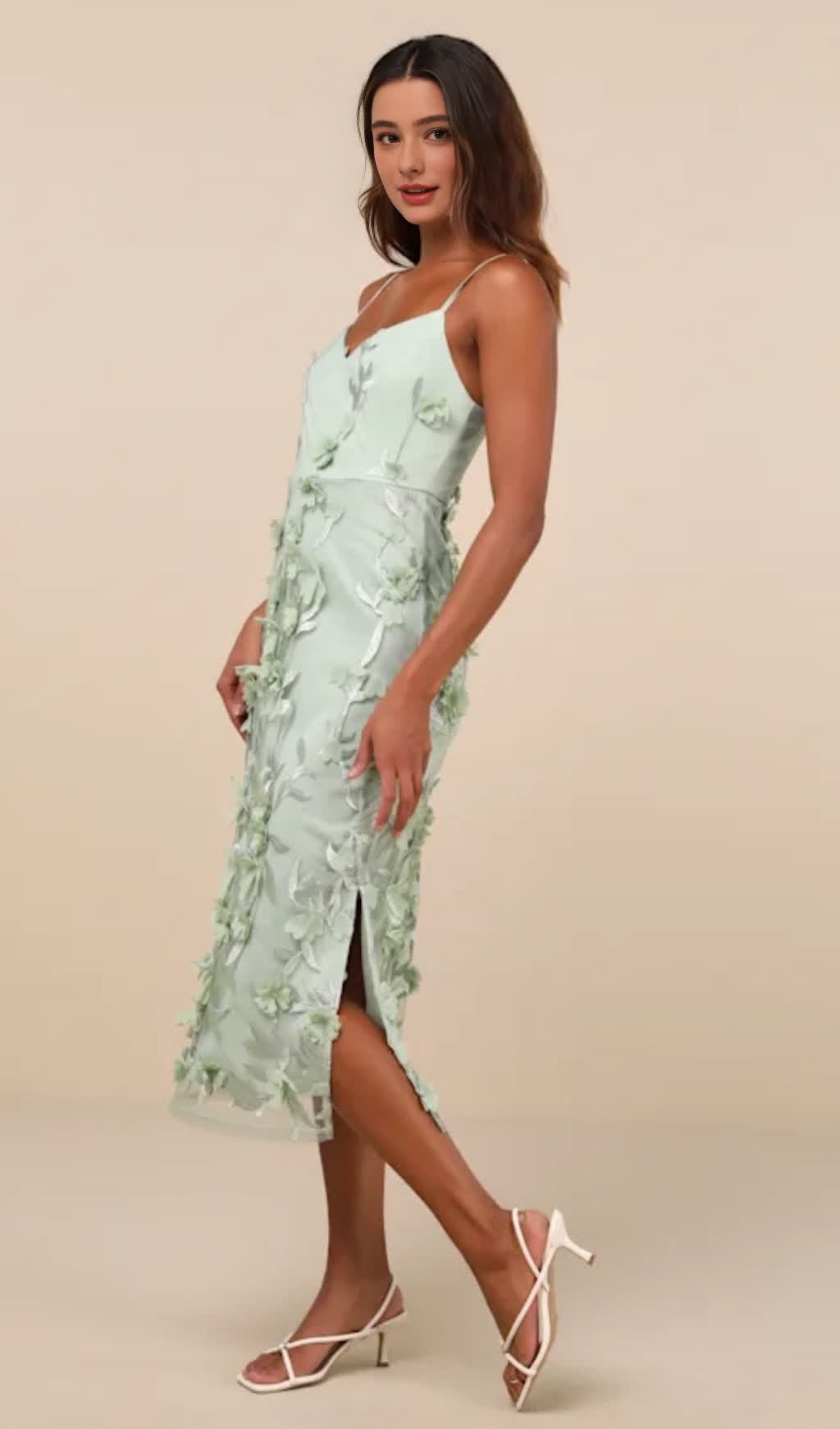 Salbeigrünes Midikleid mit 3D-Blumenstickerei