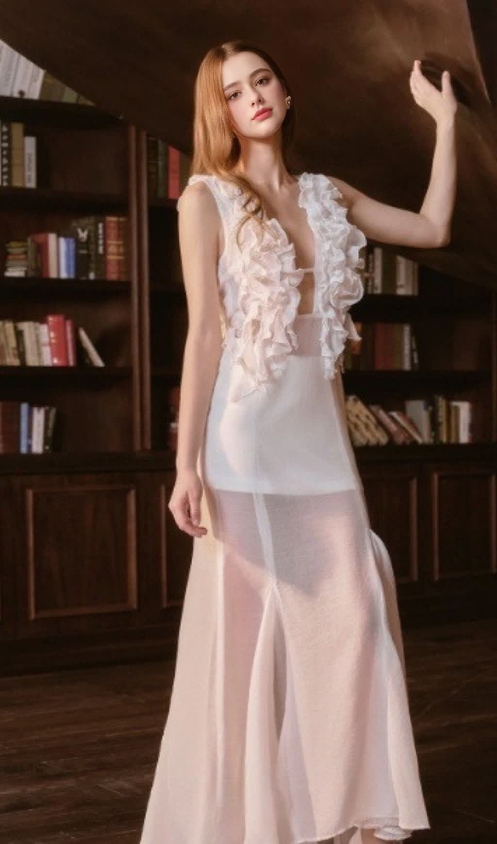 WHITE RUFFLED PLUNGE NECK SHEER MAXI DRESS