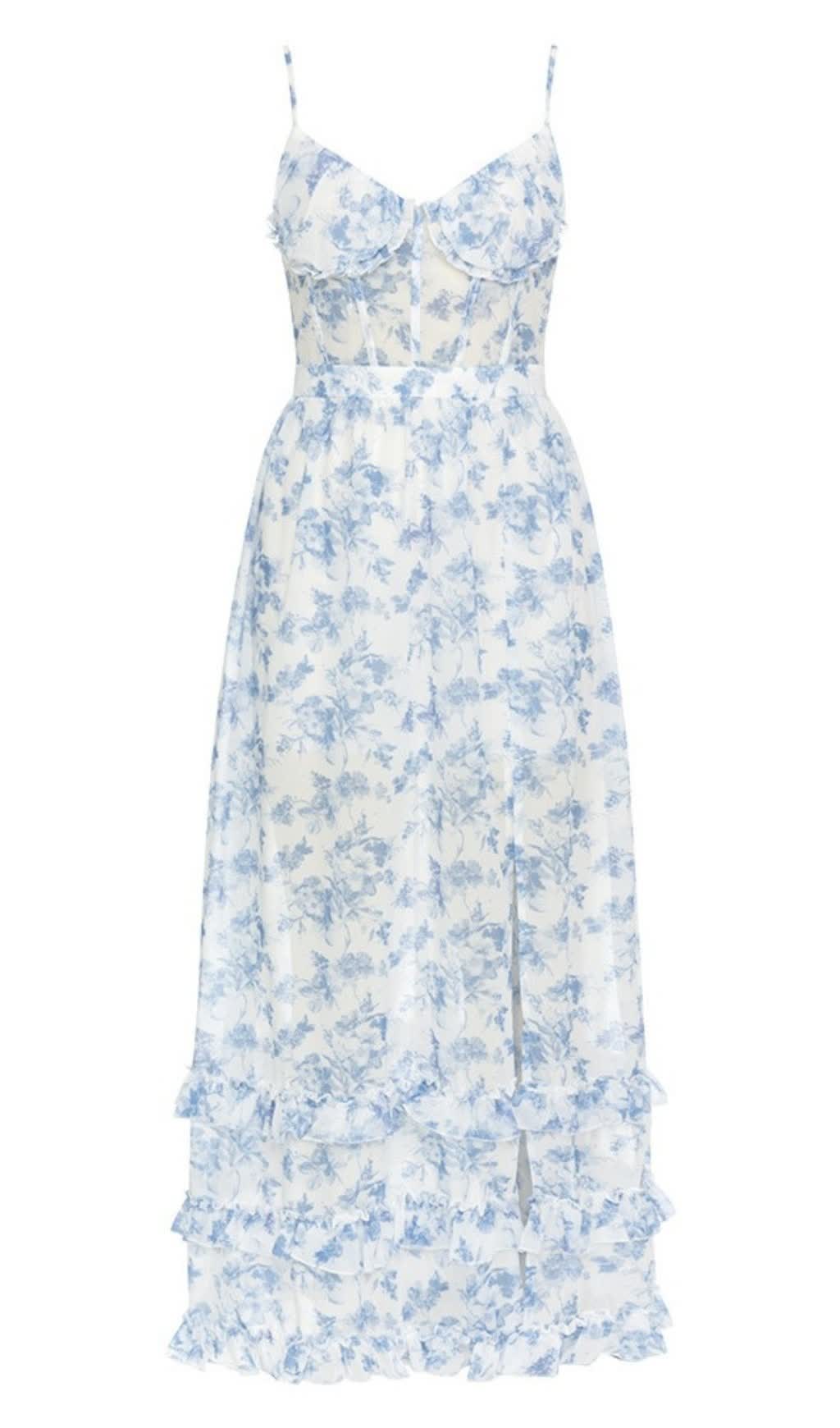 ABITO LUNGO CON SPACCHI E VOLANT A FIORI IN AZZURRO CHIARO