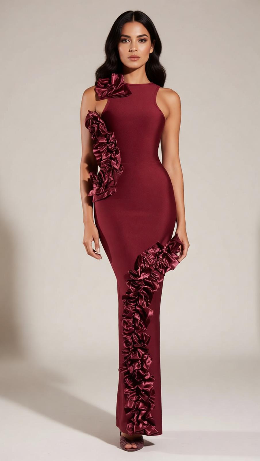 Filipe Elegant Burgundy Ruffle Bandage Maxi Dress - Sleeveless Bodycon Evening Gown