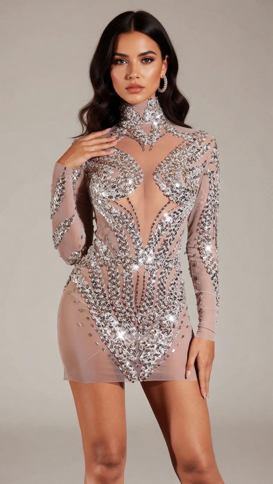 Fiore Glamorous High Neck Sequin Rhinestone Mini Dress